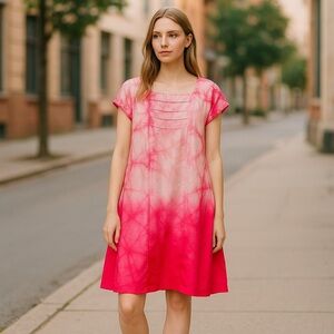 ELIOT Pink Tie-Dye Silk Dress Women's M Casual Beach Eyelet Pleated Cap Sleeves